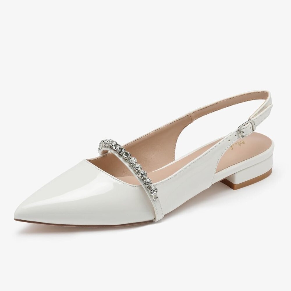 Women White Patent Polyurethane (PU) Rhinestone Pointed Toe Slingback Flats - Picture 4 of 9